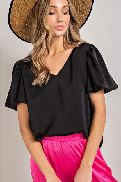 black Puff Sleeve Satin Top