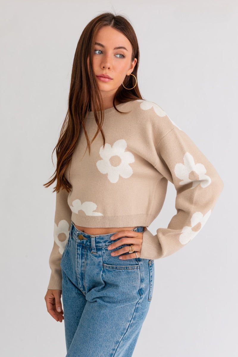 tan floral cropped sweater