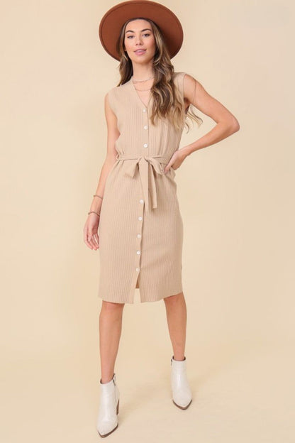 beige sleeveless knit dress