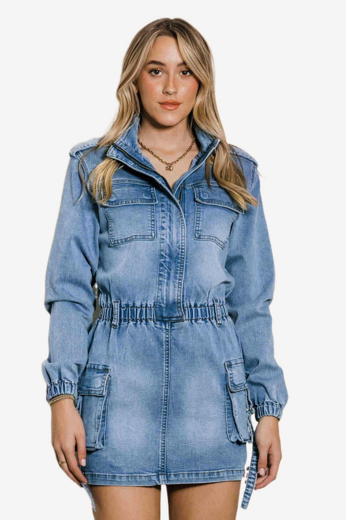 Juniors Long Sleeve Denim Mini Dress