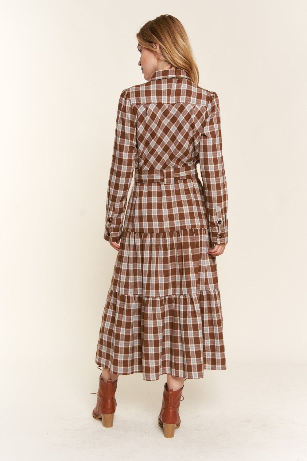 Brown Plaid Midi Shirt Dress