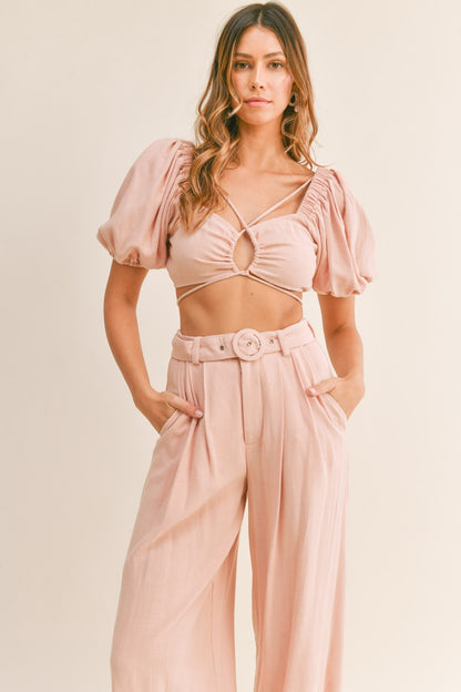 cropped top with short puff sleeves, Pink Pleated Linen Pants and Cropped Top Set