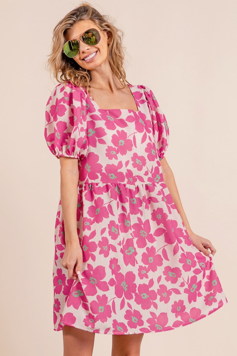 Pink Floral Puff Sleeve Mini Dress