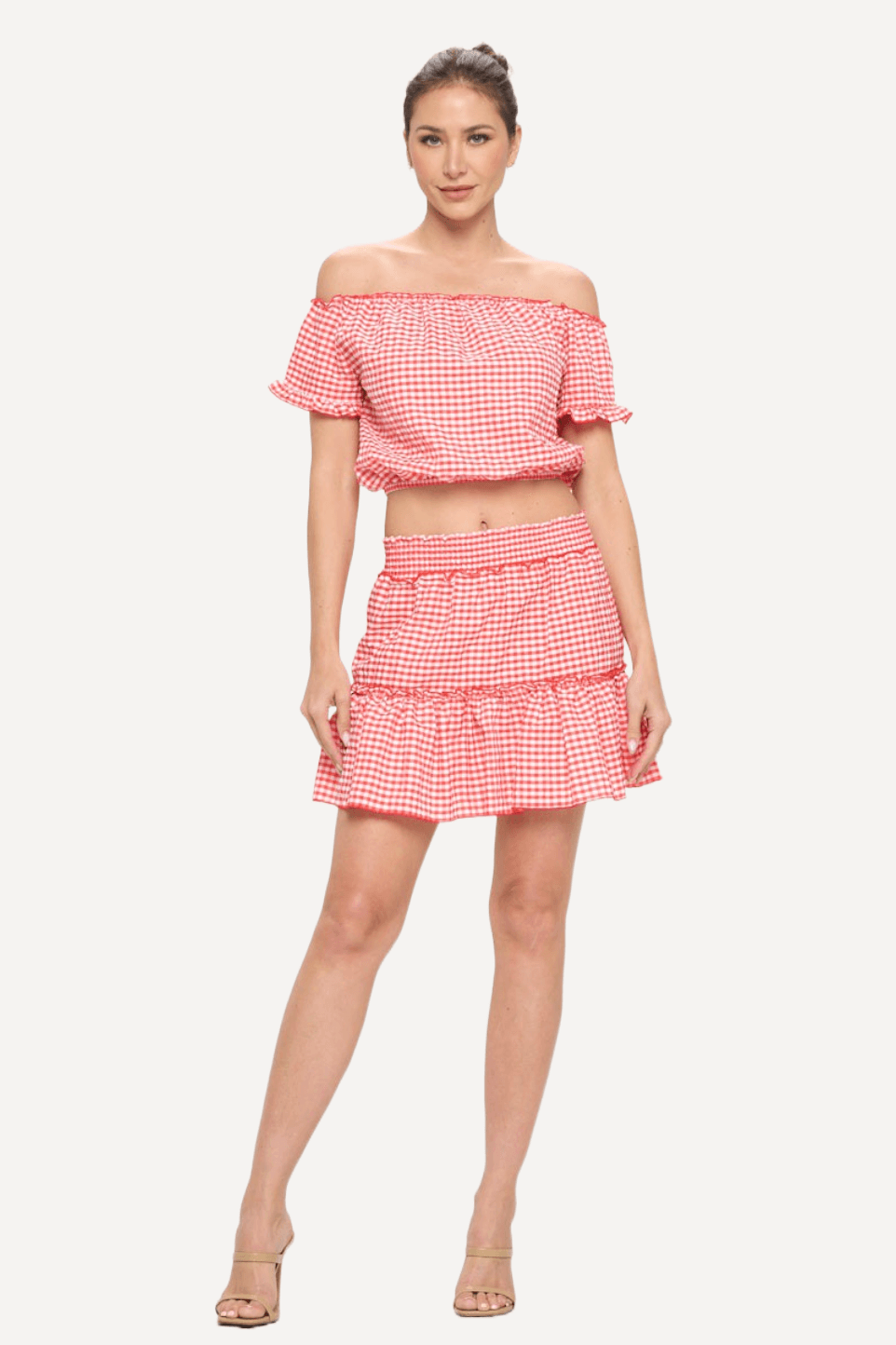 white and red checkered skirt and top 