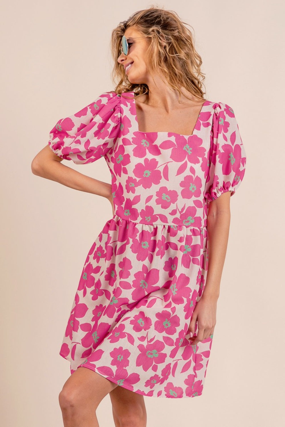 womens Pink Floral Puff Sleeve Mini Dress