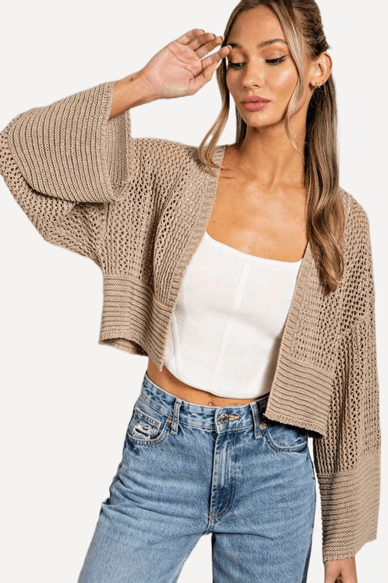 Cropped Crochet Cardigan , tan crochet cardigan