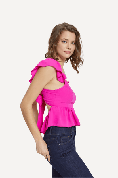 pink Ruffled Peplum Tie Back Top