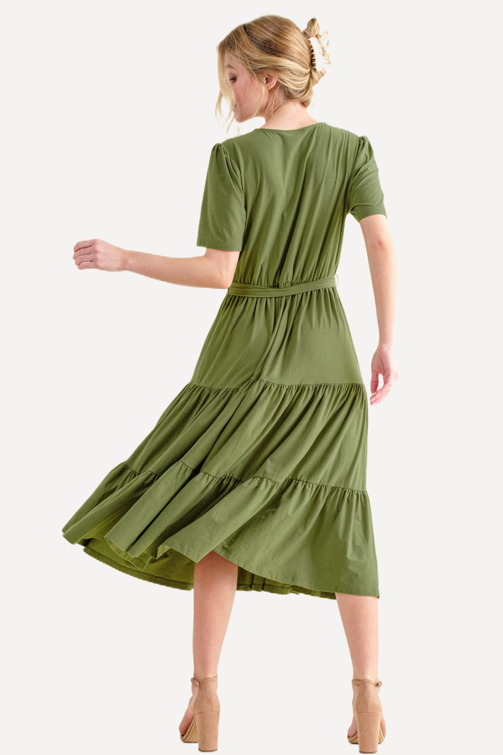 Soft Short Sleeve Tiered Midi Dress - Green