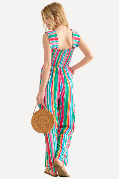 Striped Smocked Sleeveless Jumpsuit