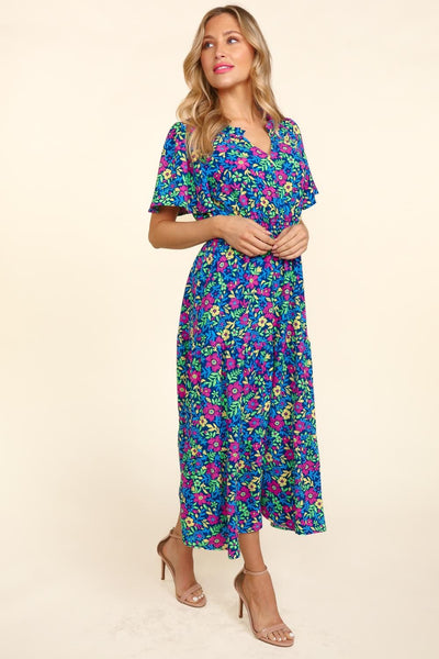womens Blue Floral Short Sleeve Maxi Dress