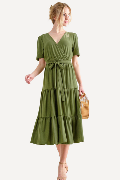 green spring dress, green summer dress, Soft Short Sleeve Tiered Midi Dress - Green