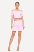 pink check off shoulder top and mini skirt