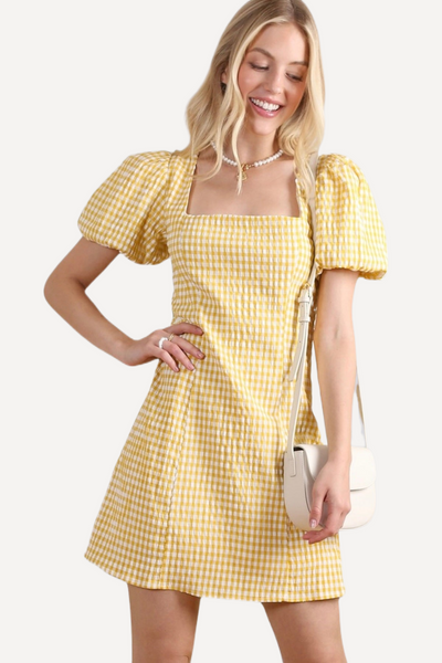 yellow checkered mini dress women