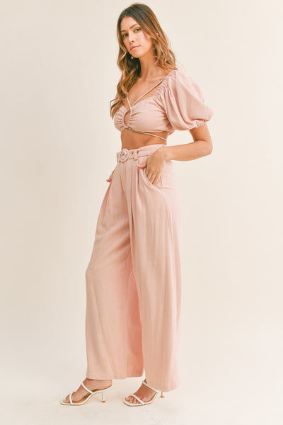womens Pink Pleated Linen Pants and Cropped Top Set, wide leg linen pleated pants