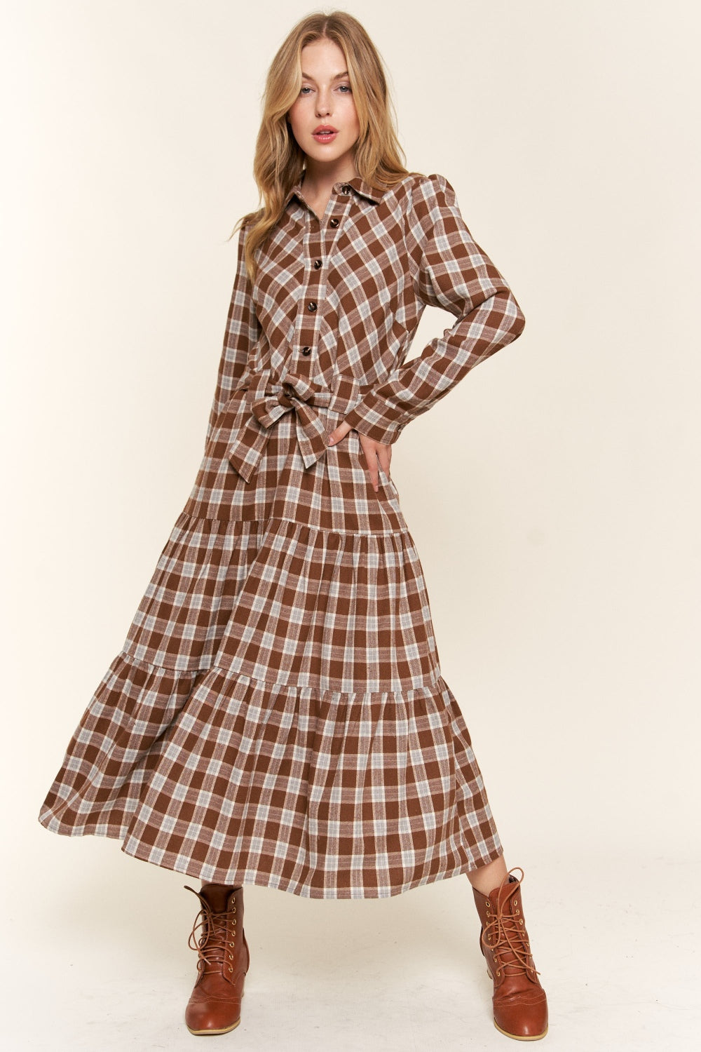 Brown Plaid Midi Shirt Dress, womens fall 2024 midi dress
