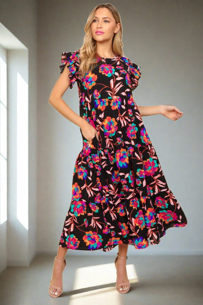 womens Black Floral Maxi Dress, elegant women floral maxi dress