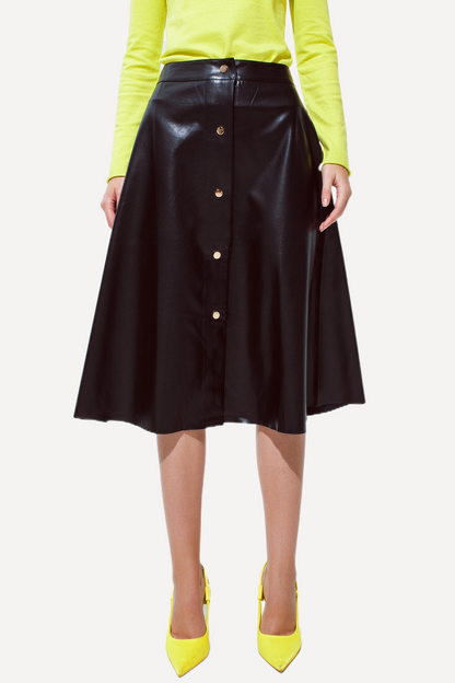 Black Leather Buttoned Midi Skirt