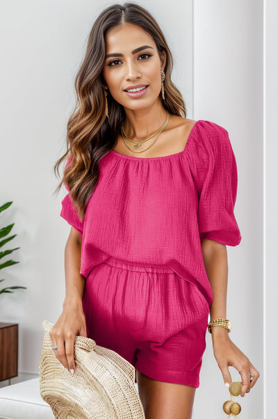 spring and summer casual outfits, vacation outfits, Square Neck Top and Shorts Set - Hot Pink