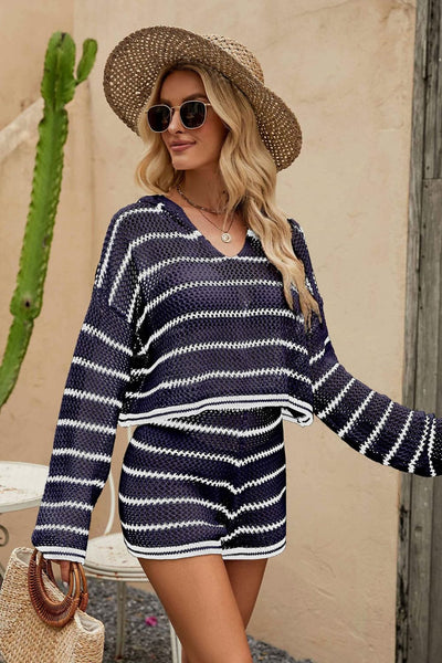 navy blue Striped Openwork Knit Hoodie and Shorts Set, womens knit beach cover up short
