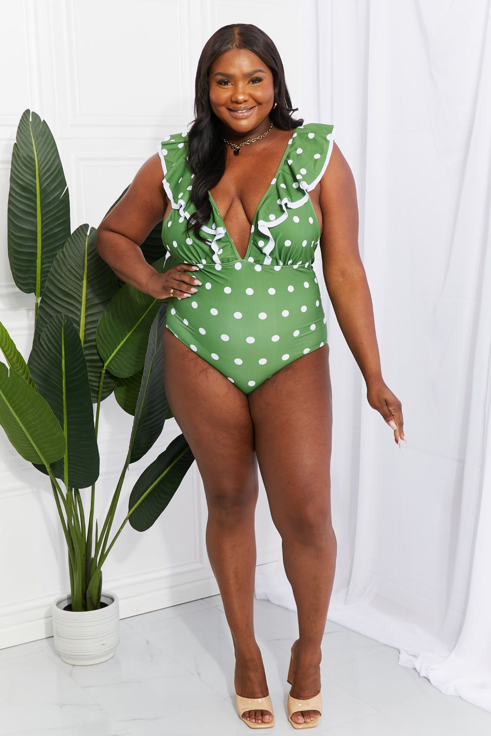 Ruffle Plunge Swimsuit in Mid Green - LK’s Boutique