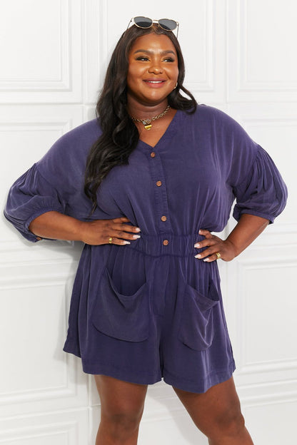 Three-Quarter Sleeve Romper in Blueberry - LK’s Boutique