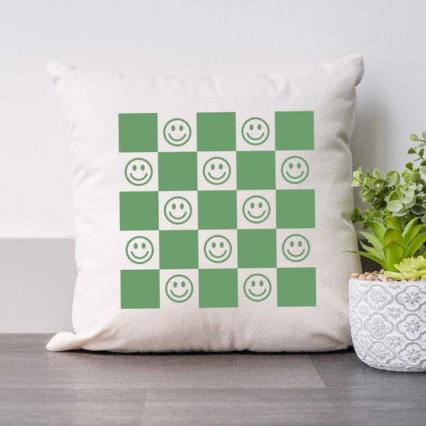 Checkerboard Smiley Pillow Cover in Green - LK’s Boutique