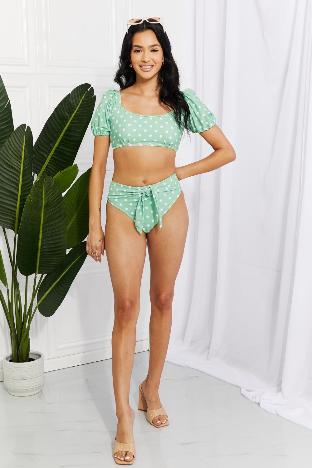 Polka Dot Puff Sleeve Bikini in Gum Leaf - LK’s Boutique