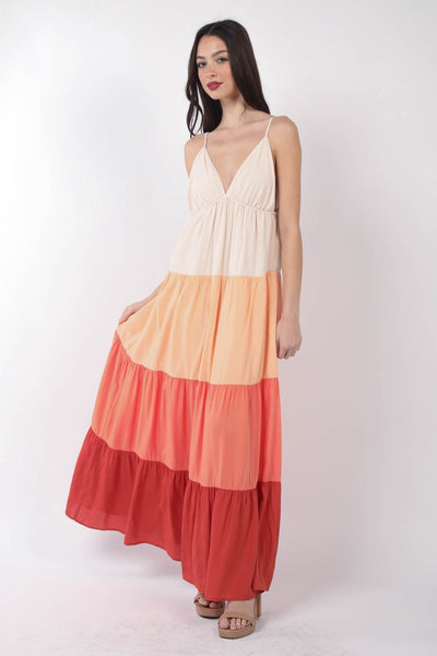 resort style dress, Color Block Tiered Maxi Cami Dress
