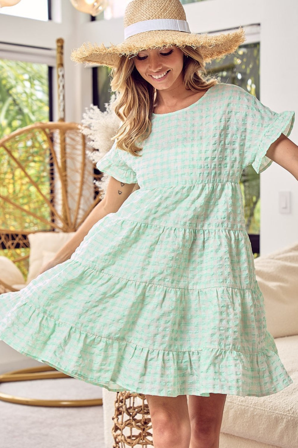 short spring dress, green spring dress, checkered mini dress. Ruffled Sleeve Tiered Dress - Green