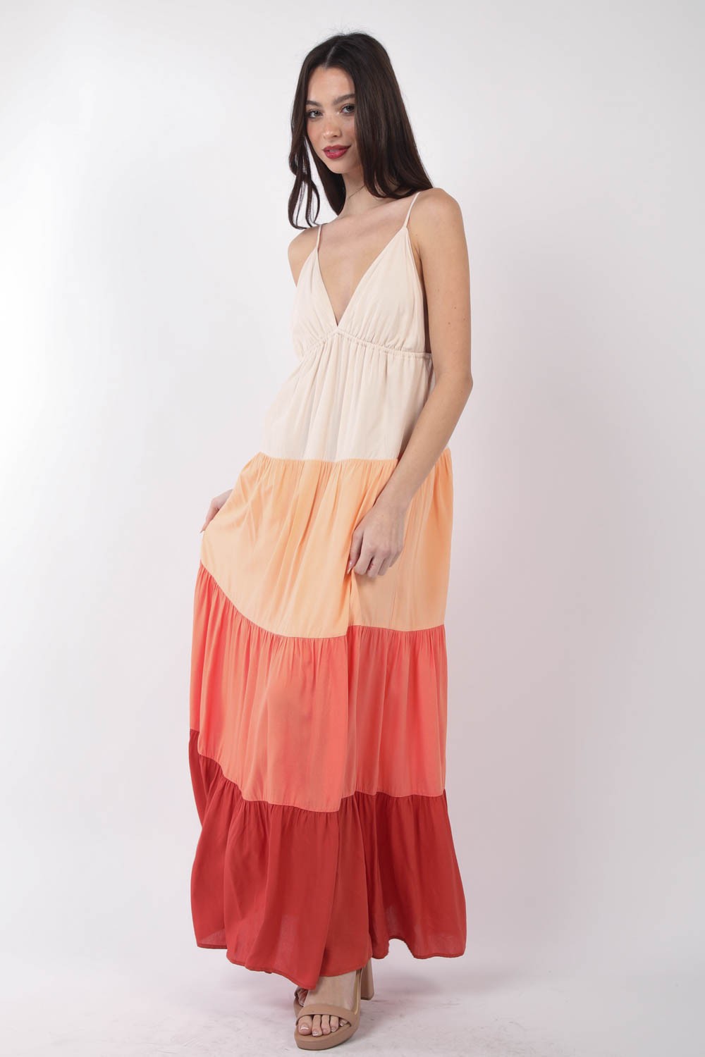 summer dress, relaxed fit resort fashion, Color Block Tiered Maxi Cami Dress