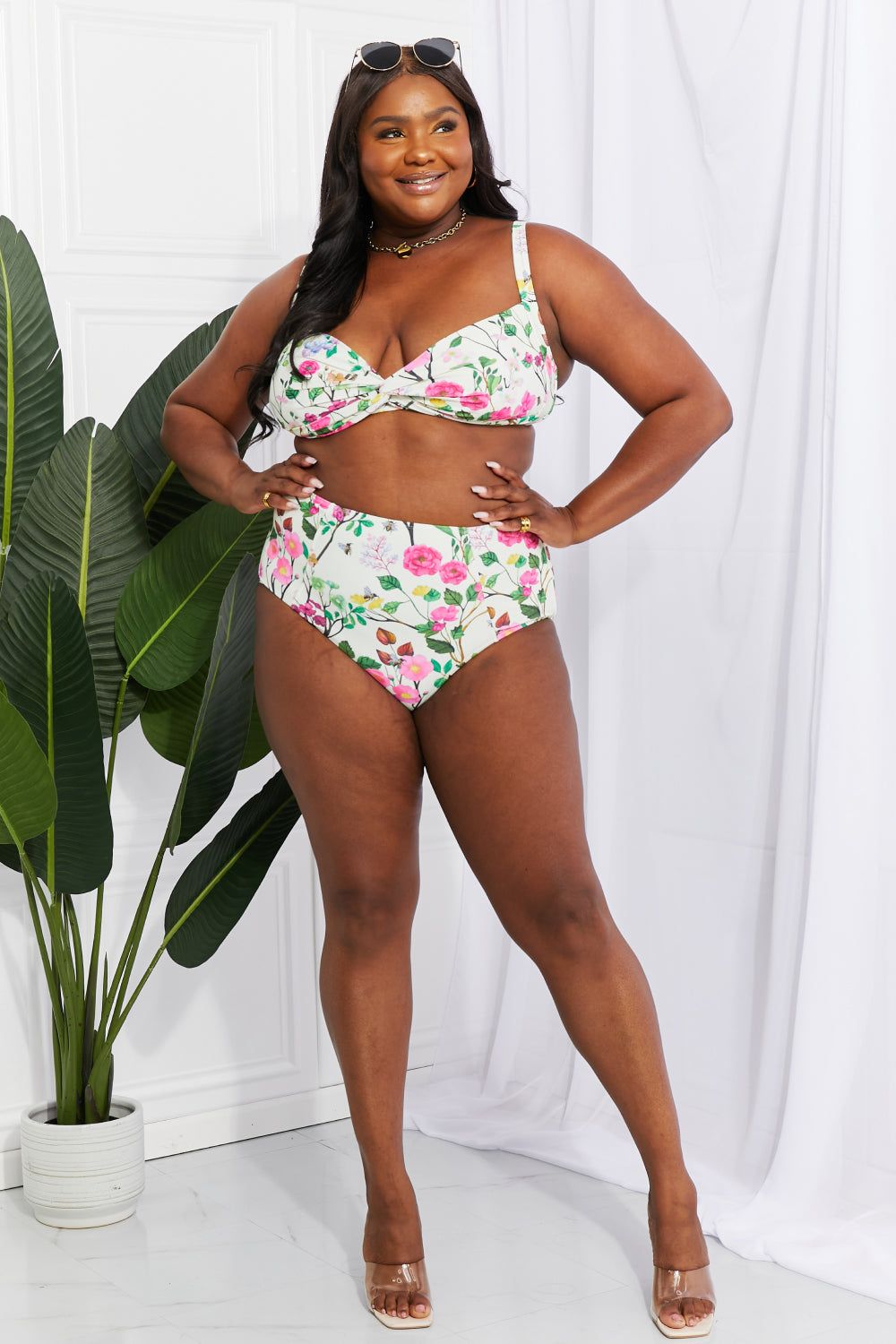 White Floral High-Rise Bikini in Cream - LK’s Boutique