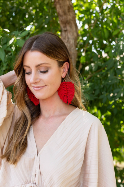 Red Macrame Leaf Earrings - LK’s Boutique