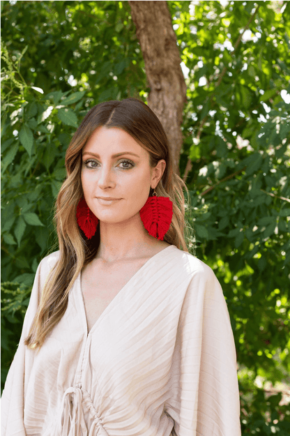 Red Macrame Leaf Earrings - LK’s Boutique