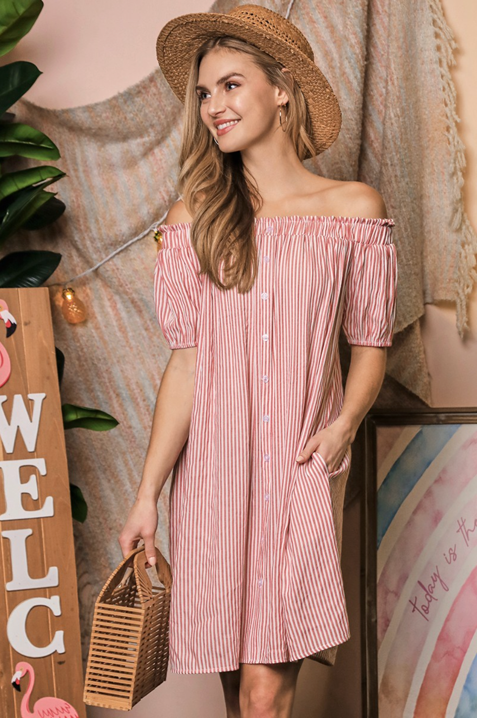 red summer Off Shoulder Striped Dress