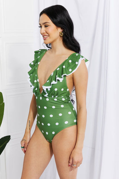 Ruffle Plunge Swimsuit in Mid Green - LK’s Boutique