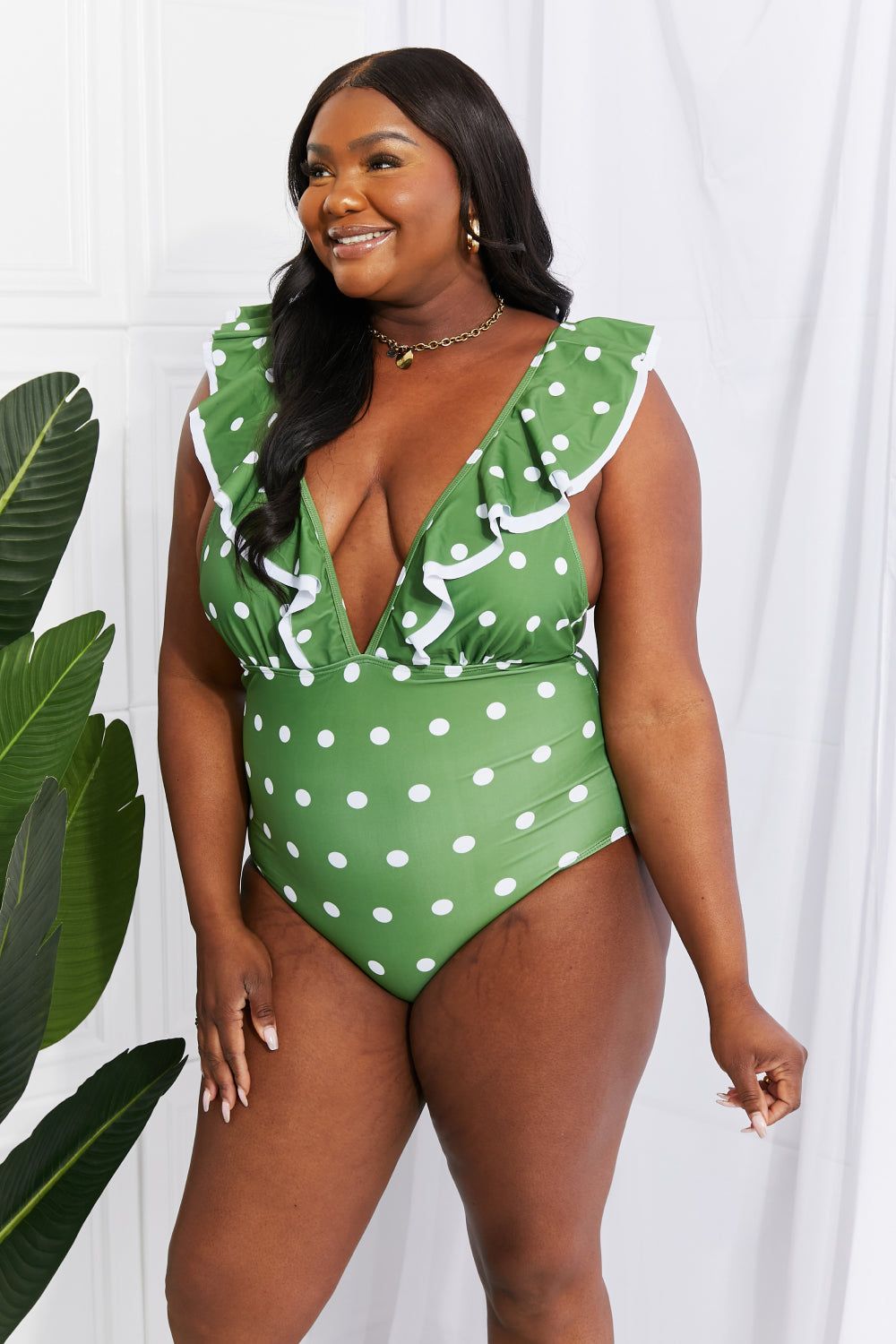 Ruffle Plunge Swimsuit in Mid Green - LK’s Boutique