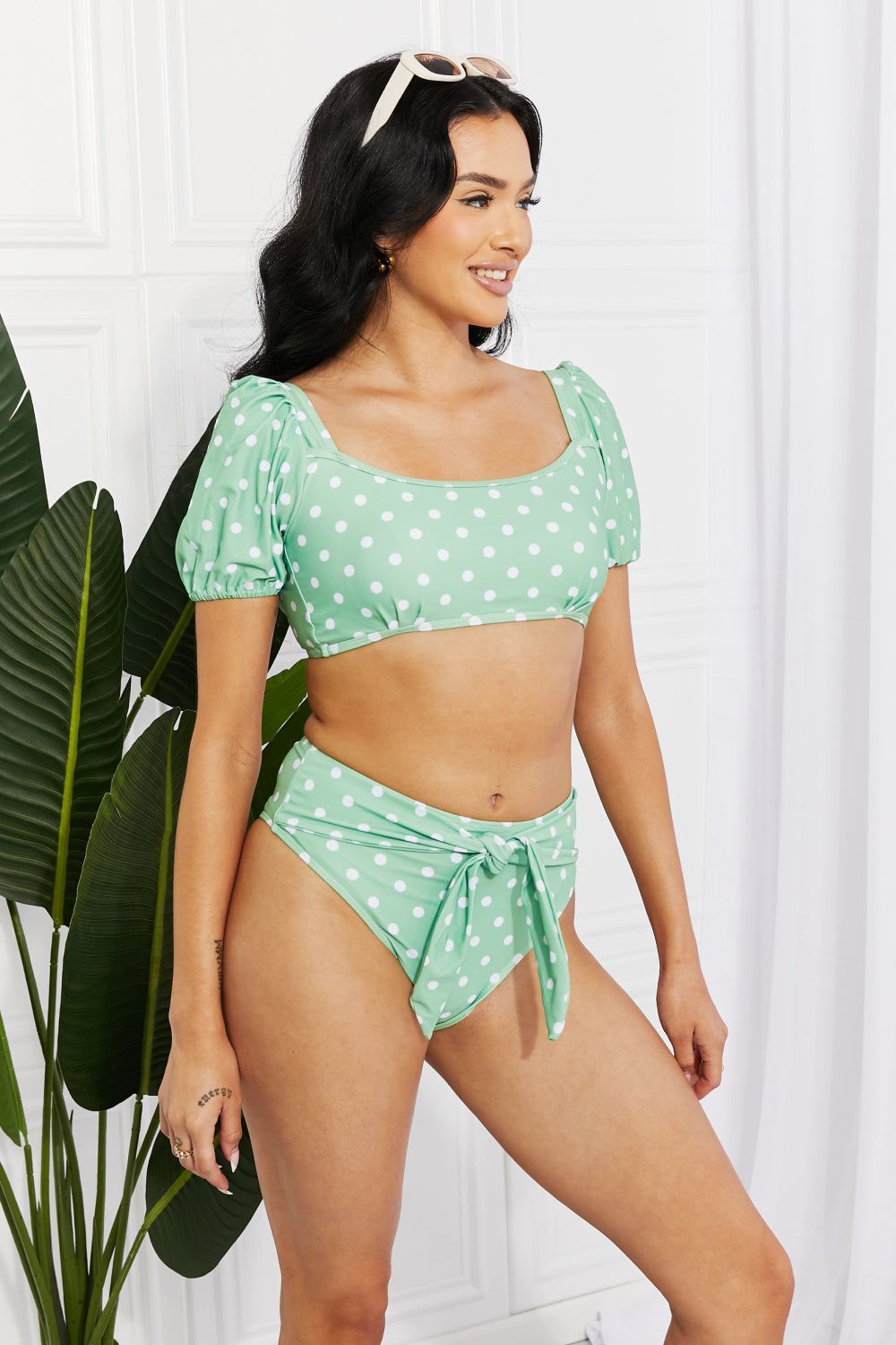 Polka Dot Puff Sleeve Bikini in Gum Leaf - LK’s Boutique