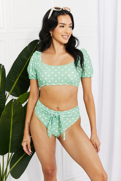 Polka Dot Puff Sleeve Bikini in Gum Leaf - LK’s Boutique