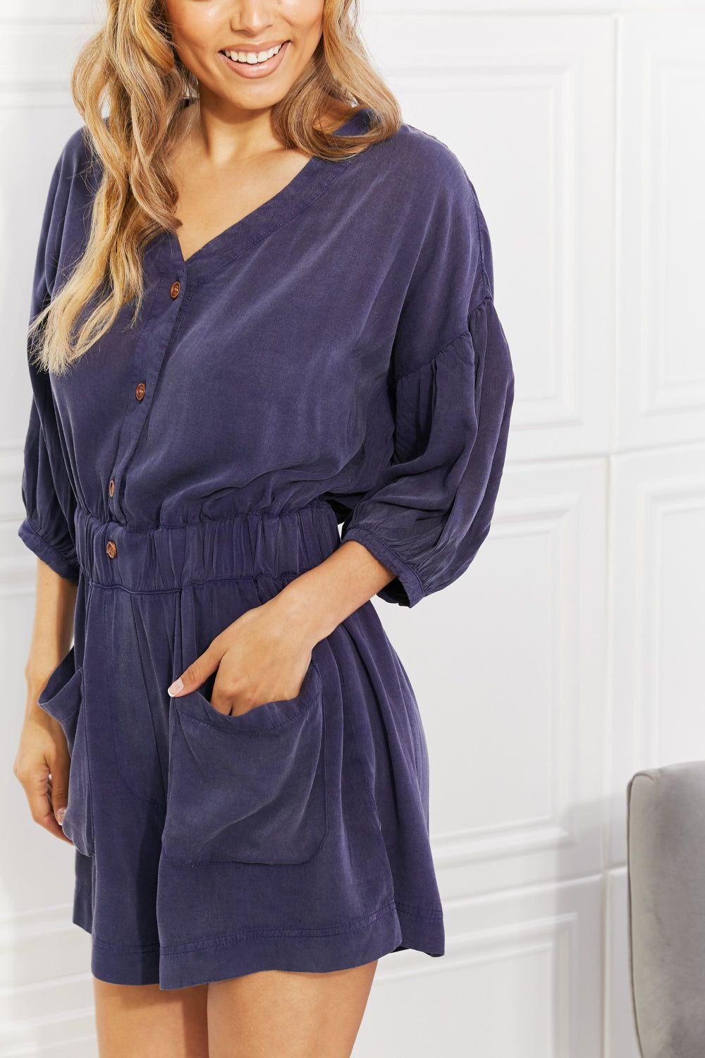 Three-Quarter Sleeve Romper in Blueberry - LK’s Boutique