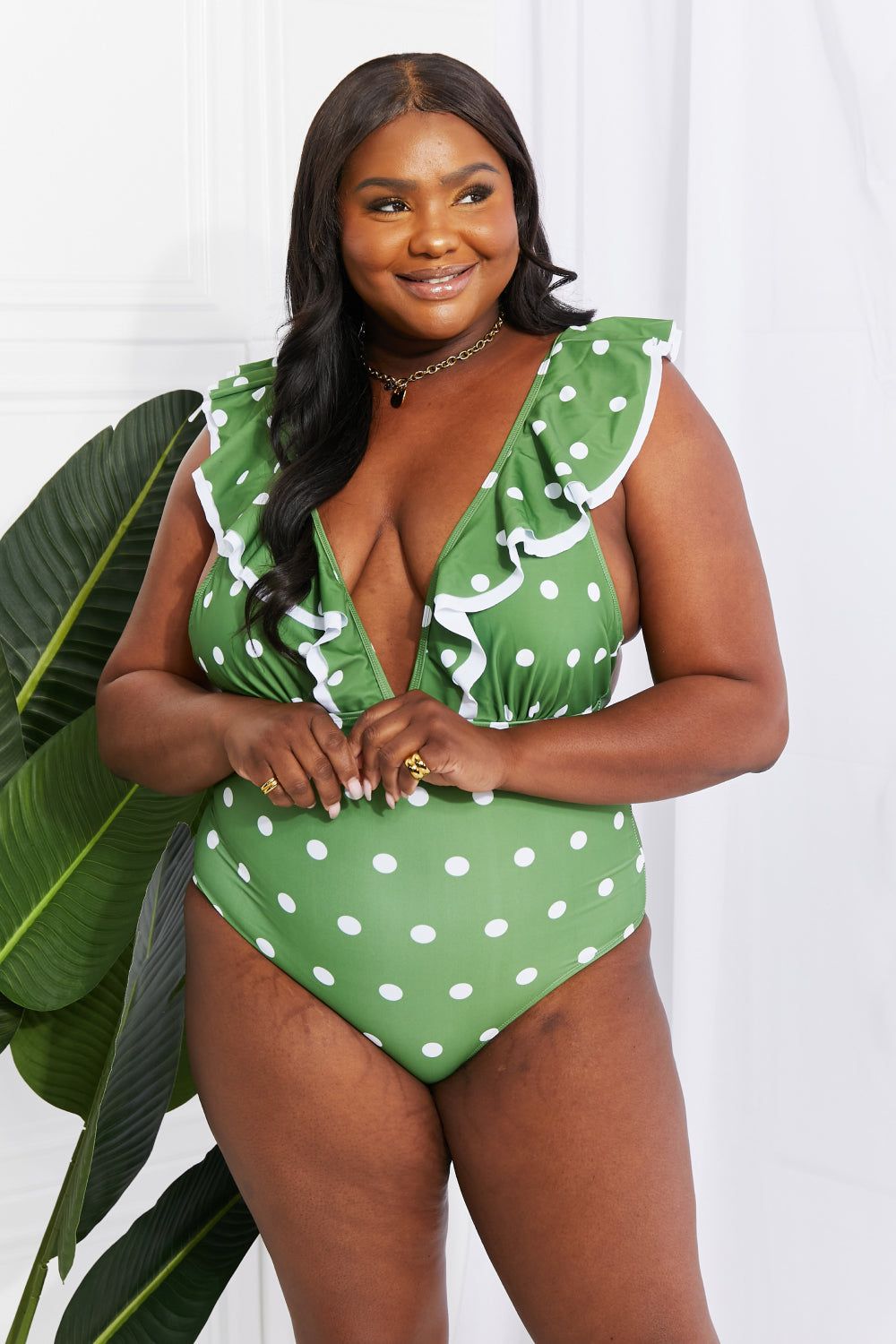 Ruffle Plunge Swimsuit in Mid Green - LK’s Boutique