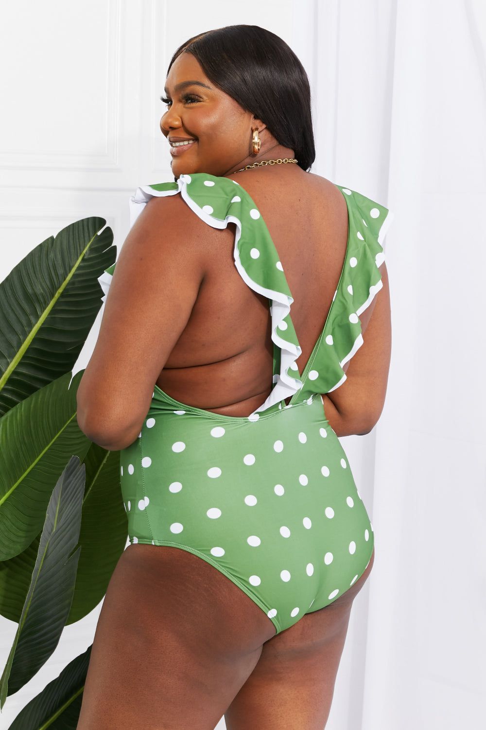 Ruffle Plunge Swimsuit in Mid Green - LK’s Boutique