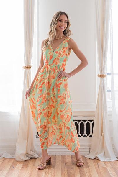 womens easter dress, spring fashion, summer fashionGreen and Orange Floral Maxi Dress