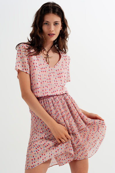 Pleated Dotted Mini Dress in Pink - LK’s Boutique